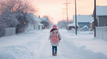 Dziewczynka wraca ze szkoły podczas zimowego dnia z plecakiem - obrazy, fototapety, plakaty