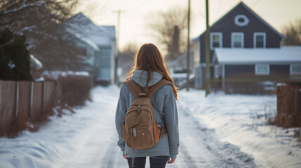 Dziewczynka wraca ze szkoły podczas zimowego dnia z plecakiem - obrazy, fototapety, plakaty