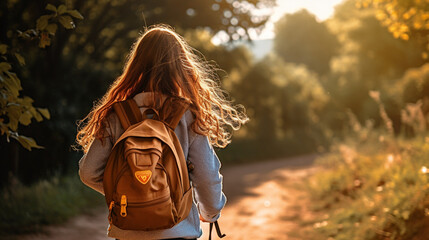 Dziewczyna wraca ze szkoły z plecakiem. Słoneczny jesienny dzień - obrazy, fototapety, plakaty