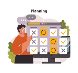 Planning concept. Man interacting with a digital calendar, scheduling tasks, marking deadlines and setting reminders. Time management and organization. Flat vector illustration