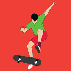 Fototapeta na wymiar young crazy guy rides skateboard and jumps on red isolated background, hipster in shorts and t-shirt