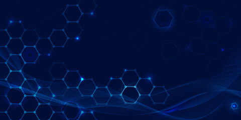 AI Background, Digital Technology. Dark blue abstract background of hexagons with lines and dots...