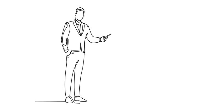 Animated self drawing of continuous line draw of young smart manager writing business success formula on flip chart and share it to audience. Business training concept. Full length one line animation