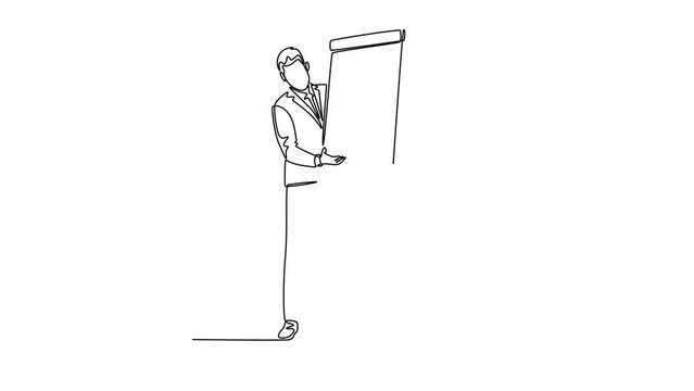 Animated self drawing continuous line draw young success business coach teaching strategy to increase sales product to sales team at office. Business coaching concept. Full length one line animation