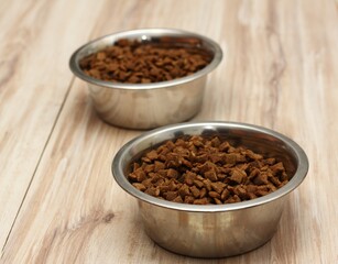 Two bowls of dry cat or dog food   Close up of pet food on wooden table.