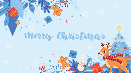 Fototapeta na wymiar Сhristmas background with snowflakes and stars. Beautiful light blue Christmas background with amazing snowflakes with various ornaments and beautiful deer. Christmas design