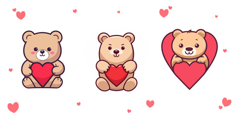 Flat Style Cartoon Set of Teddy Bear Vectors: Cute Animal Compositions with Bears and Hearts for Valentine’s Day, Transparent background, png, vector