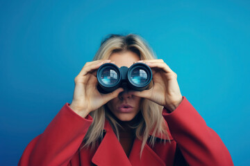 Woman looking through binoculars on blue background.