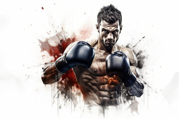  illustration of boxer with an aggressive look in boxing gloves on white background with splashes