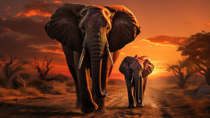 a large group of elephants are walking across the grassland at sunset - obrazy, fototapety, plakaty
