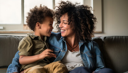 Attractive woman and little girl sitting on comfortable couch at home. Young mother talking communicates with small adorable daughter. Best friends happy motherhood weekend together with kid concept - obrazy, fototapety, plakaty