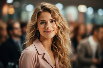 Obraz premium Portrait of beautiful confident woman looking at camera. Female entrepreneur standing in office. Corporate employee