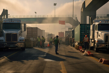 Truck drivers are on strike at state border. A lot of trucks and protesting people are blocking traffic on street