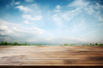 Wooden table for displaying products with a background of a bright sky and clouds. Ai generate.