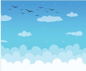 blue sky and white clouds, Bird Fky in the sky, blue sky background, A flock of flying birds, Fluffy clouds Vector,