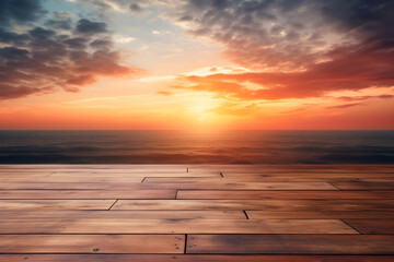 Fototapeta na wymiar A wooden table for displaying products with a background of a sunset view. Ai generate.