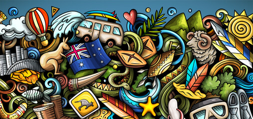 Cartoon vector doodle Australian background - obrazy, fototapety, plakaty