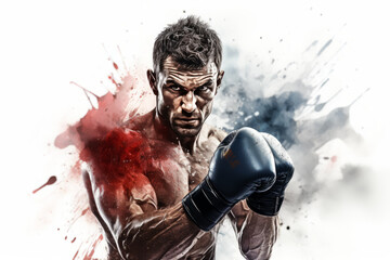  illustration of boxer with an aggressive look in boxing gloves on white background with splashes - obrazy, fototapety, plakaty