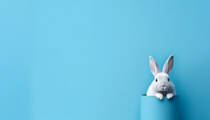 Easter white bunny in a blue top hat on a blue wall background. For Easter advertising with copy space