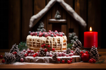Holiday cake with white frosting and sugared berries on wooden table with pine cone and red candle. Handmade bakery concept