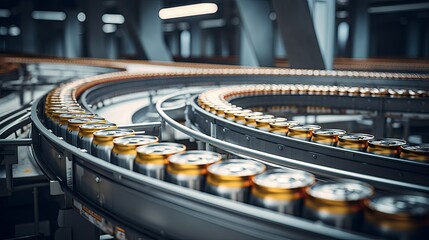 Moving yellow aluminium beer cans on conveyor belt - obrazy, fototapety, plakaty