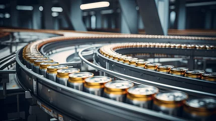 Foto op Plexiglas Moving yellow aluminium beer cans on conveyor belt © petrrgoskov