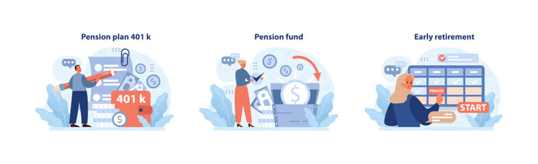 Retirement plans set. Exploring 401k benefits, accumulating pension fund wealth, initiating early retirement. Financial security, future planning. Investment strategy. Flat vector illustration.