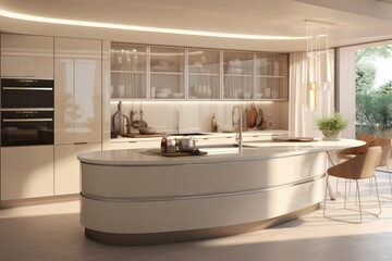 Fototapeta na wymiar Luxurious Open-Concept Kitchen with a Spacious Island and High-End Cabinetry. Rounded kitchen, interior design