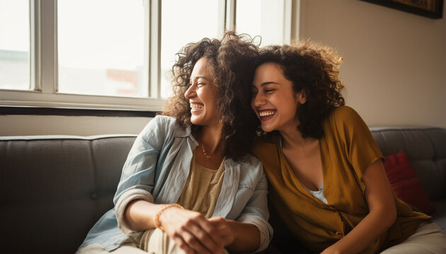 Two happy multi ethnic pretty diverse young girls friends laughing and embracing together at home. Diverse girlfriends sitting together on the sofa. Love and hug