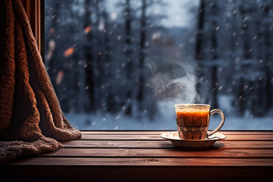 A steaming cup of coffee tea on a wooden windowsill with a snowy winter forest outside. Cozy evening concept