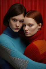 Two women in colorful turtlenecks intimately posing, with a striking red background enhancing their unity.