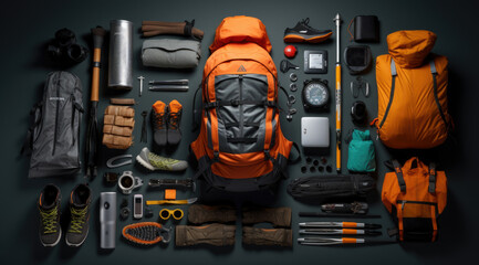 Orange backpack flat lay of various technologies with climbing equipment arranged on black background. - obrazy, fototapety, plakaty