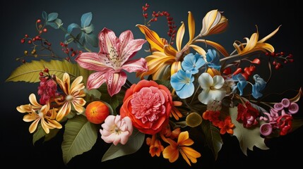 Vibrant floral arrangement with assorted blooms on dark background. Floral art and design.