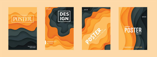 Gray and orange poster set background template papercut design style - obrazy, fototapety, plakaty