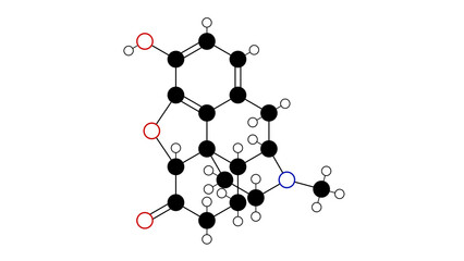 hydromorphone molecule, structural chemical formula, ball-and-stick model, isolated image morphinan opioid