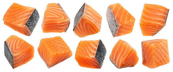 Salmon fillet cubes isolated on white background