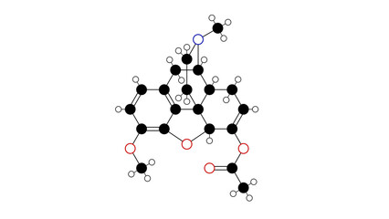 thebacon molecule, structural chemical formula, ball-and-stick model, isolated image semisynthetic opioid