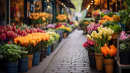 tulips in the garden, A vibrant flower market with a vast array of fresh blooms. Generative AI, Design a composition that captures the beauty of a flower market, with rows of fresh blooms in an array
