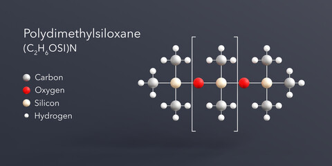 polydimethylsiloxane molecule 3d rendering, flat molecular structure with chemical formula and atoms color coding - obrazy, fototapety, plakaty