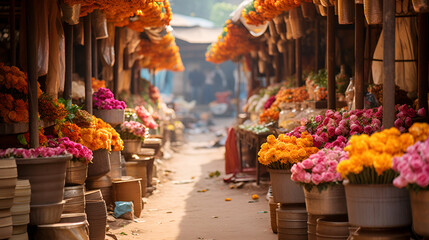 flowers in the market, A vibrant flower market with a vast array of fresh blooms. Generative AI, Traditional bazaar. variety of fresh fruits, busy marketplace, local vendors.

