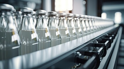 A long row of glass bottles on a conveyor belt