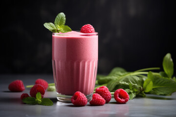 Fresh raspberry smoothie with mint garnish in a glass, healthy berry beverage on dark background.
