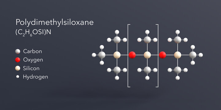 polydimethylsiloxane molecule 3d rendering, flat molecular structure with chemical formula and atoms color coding