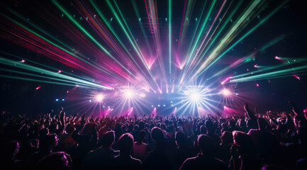 silhouettes of concert crowd in front of bright stage lights.