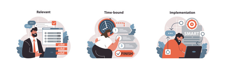 SMART goals set. Professionals prioritizing tasks, measuring progress with a timeline, and executing objectives. Relevant strategies, timely targets, efficient actions. Flat vector illustration