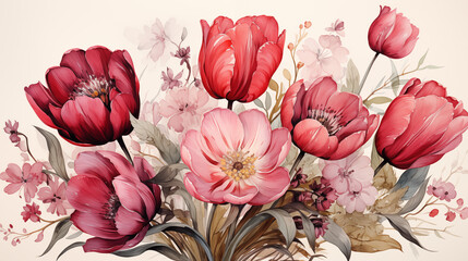 Vintage watercolor pink tulips