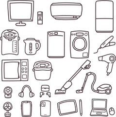 シンプルにデフォルメした色々な家電の線画セット