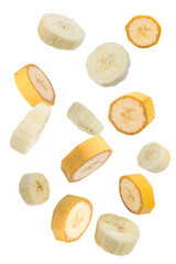Flying fruits. Falling sliced banana fruit isolated on white background with clipping path as package design element.
