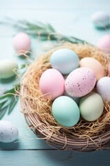 Naklejka na ściany i meble A colorful basket of freshly decorated easter eggs rests upon a bed of vibrant green leaves, reminiscent of a cozy bird's nest in the springtime
