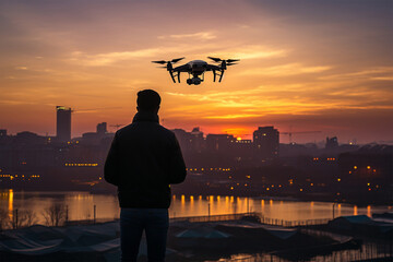 Fototapeta premium Man operating a drone with remote control. silhouette. Young man piloting a drone in flight with remote controller. Concepts of drone pilot and aerial filming. Focus on man